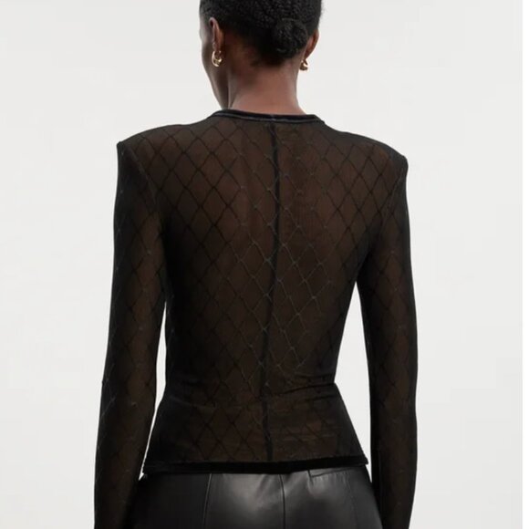 Mesh With Velvet Bow Trim Detail Crew Neck Long Sleeve Top size Small - Picture 3 of 4